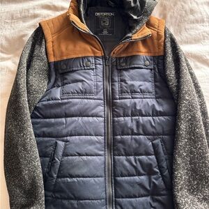Men's Distortion Navy & Brown Quilted Jacket with Gray Sleeve Knit Jacket